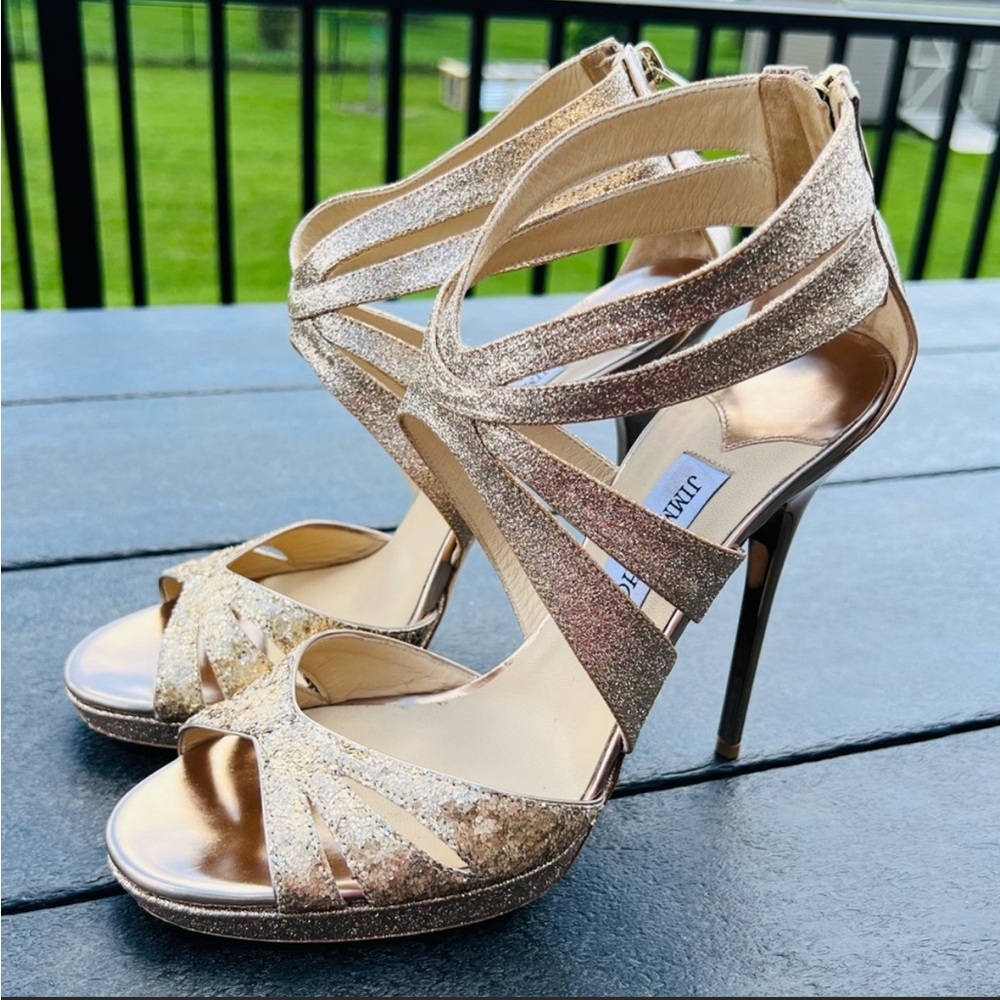 JIMMY CHOO 121Garland Nude Glitter Mix Leather Strappy Stiletto Pumps size 40